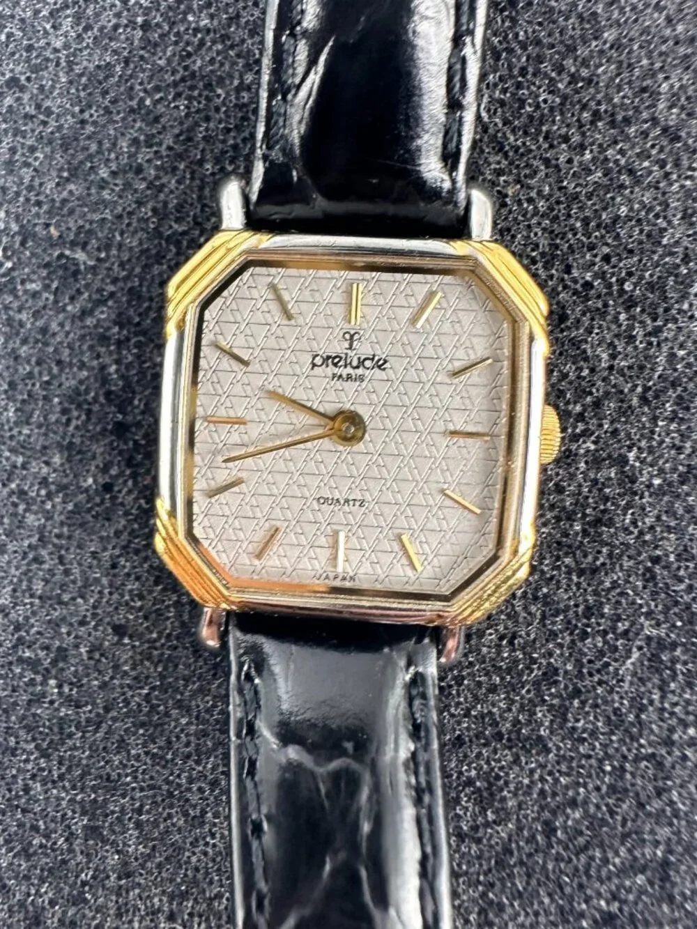 Vintage Prelude Watch Women Gold Tone Square Dial Black Leather Band New Battery